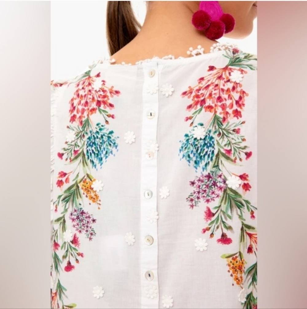 FARM RIO Louise Floral White Multi Floral Puff Sleeve Top M Like New RARE - Picture 2 of 16